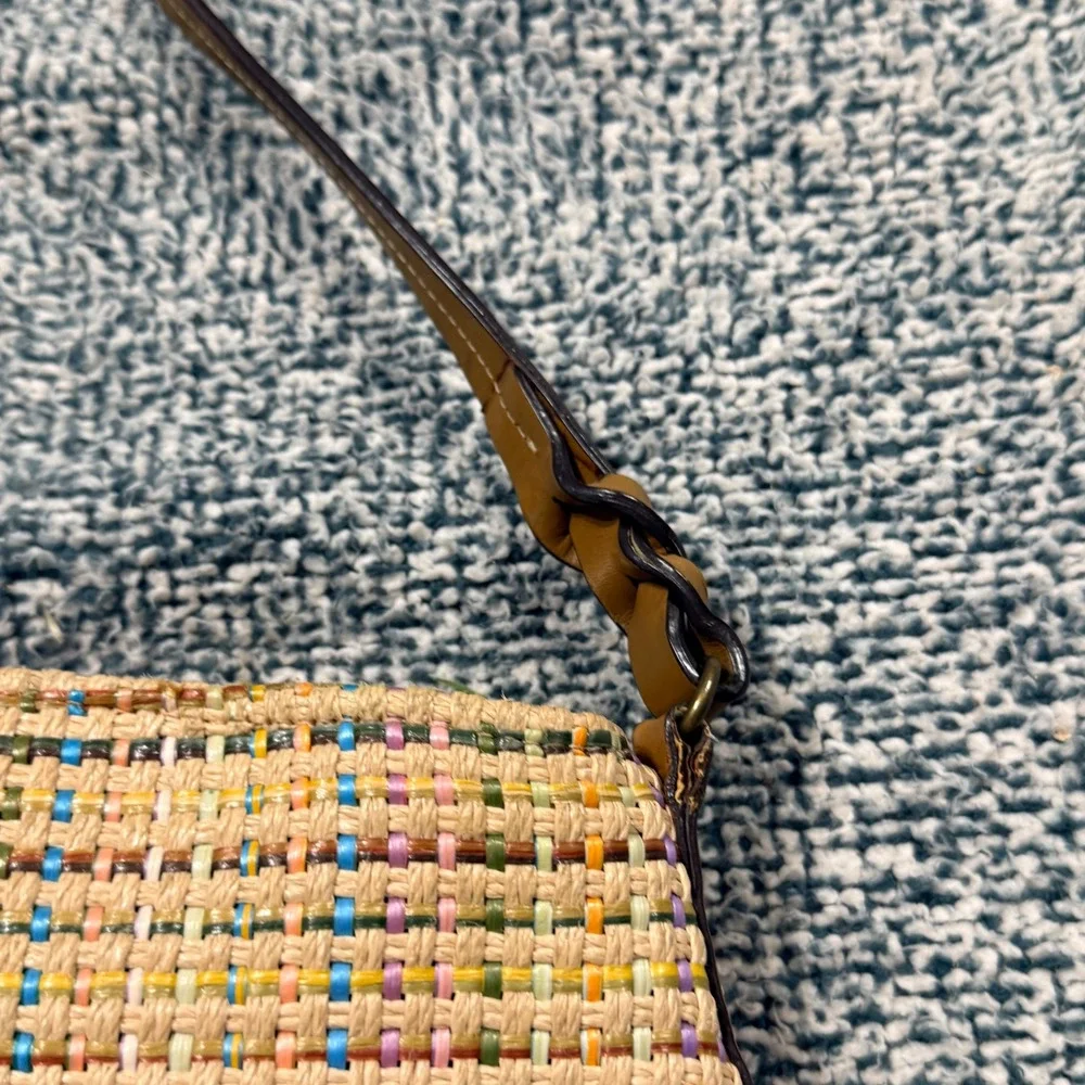 Fossil Multi-Color Woven Straw Leather Trim Shoulder Bag Tan Plaid Handbag